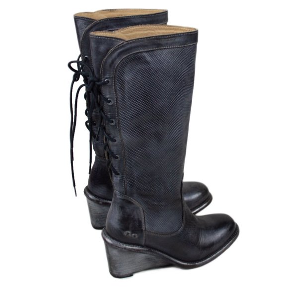BED STU Empress Black Rustic Wedge Lace-Up Distressed Leather Tall Boots - Picture 6 of 16
